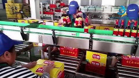 Manual loading bottle into carton box packing machine with conveyor platform
