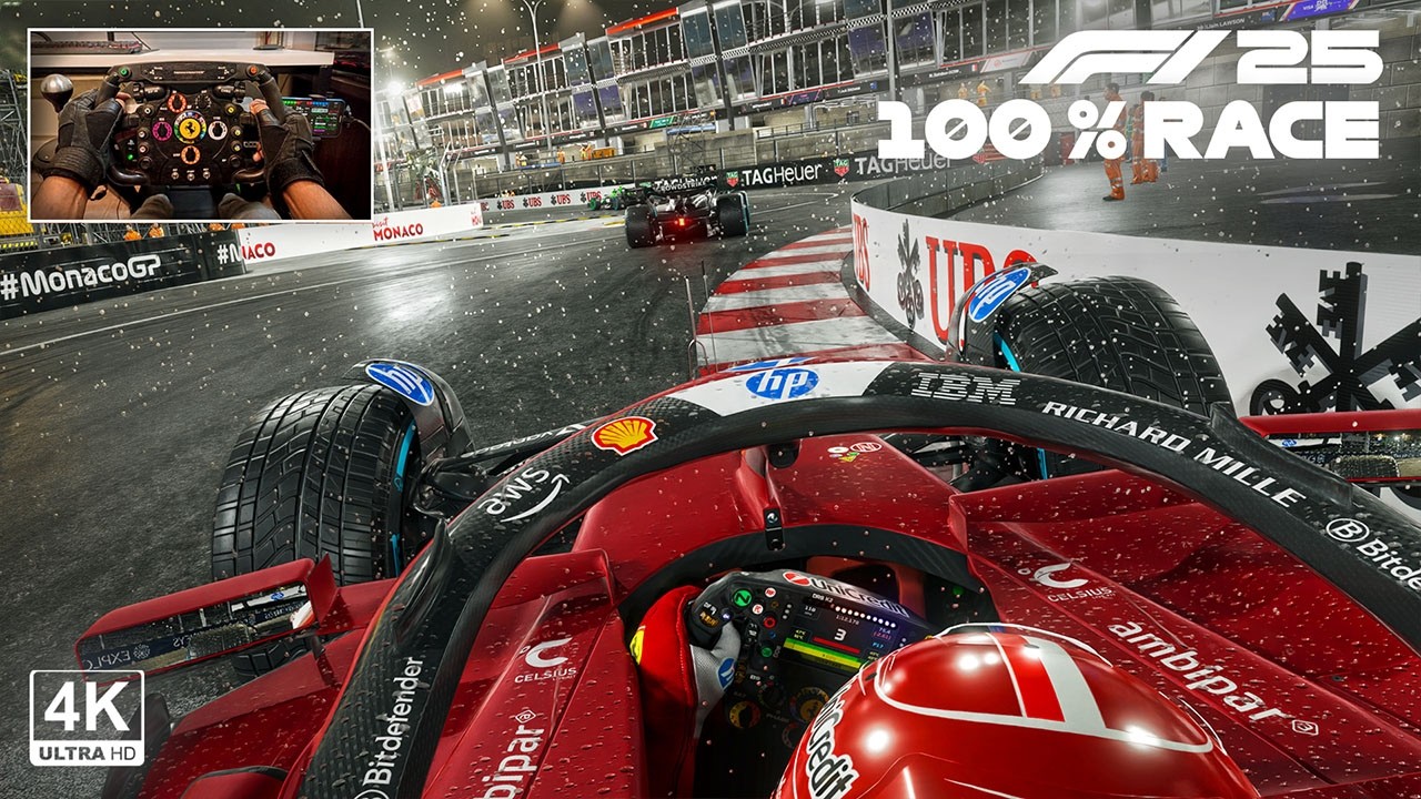 Charles Leclerc's Ferrari SF25 | 2025 Monaco GP Night 100% Race | F1 25 Steering Wheel Gameplay