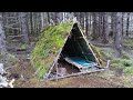 Bushcraft shelter build part 6 - Overnighter, campfire cooking, final build.