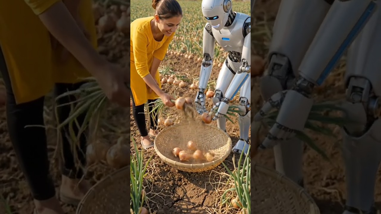 Smart Agriculture: Robot Helping Girl Harvest Fresh Onions