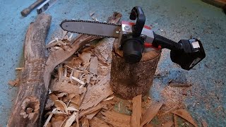 Electric cordless chain saw testing. Noname from China. 21V. No talk