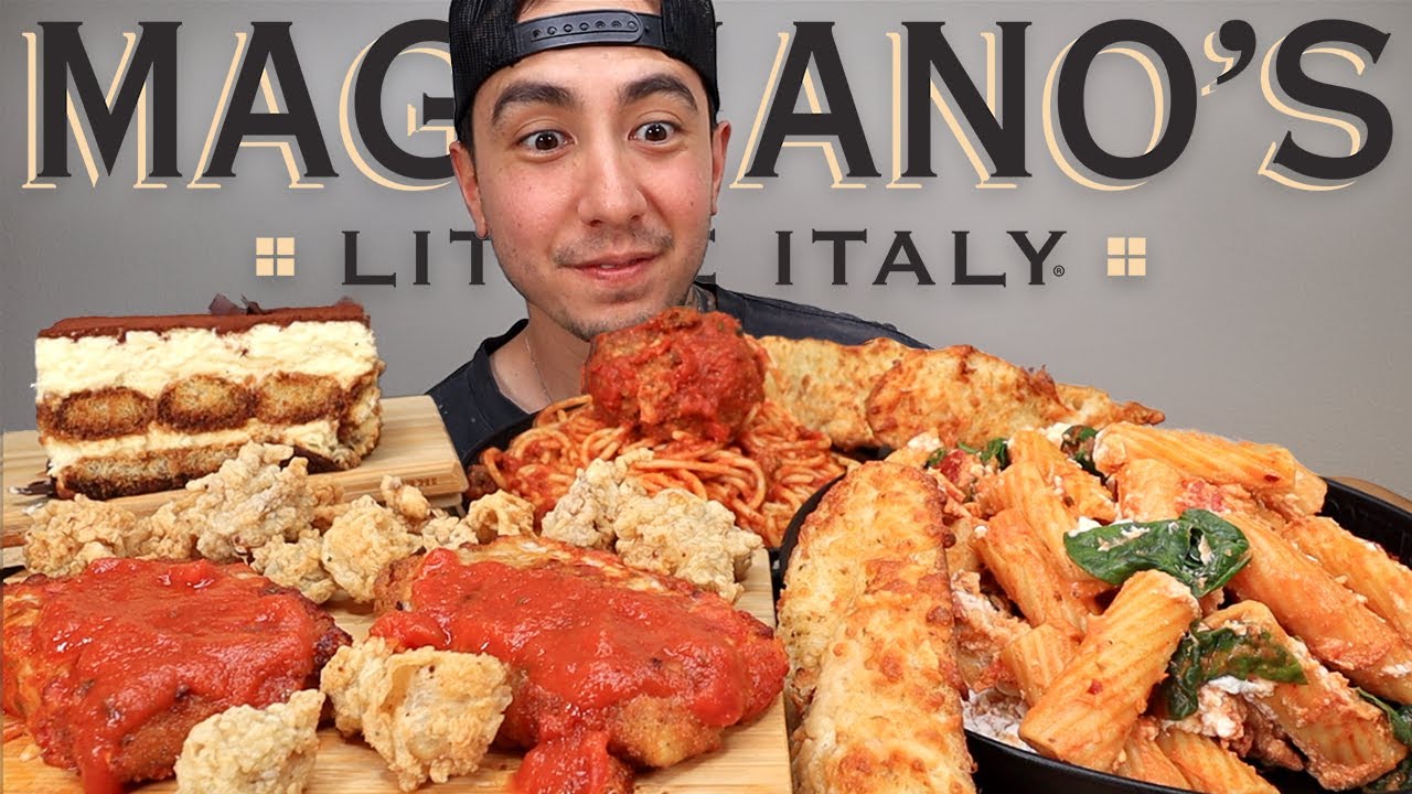 MUKBANG EATING SAUCY SPAGHETTI WITH MEATBALLS, FRIED MOZZARELLA WITH MARINARA, TIRAMISU | MAGGIANO'S