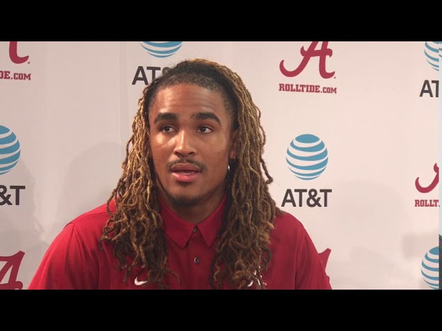 Jalen Hurts talks to media 