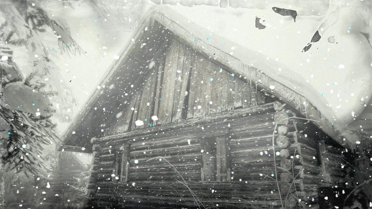 Cozy winter log cabin in blizzard snowstorm. Falling snow in forest ...