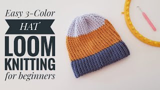 How to Loom Knit a Basic 3Color Hat (SUPER EASY for beginners)  DIY Tutorial