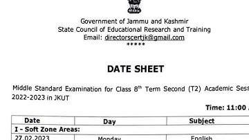 8th class datesheet out for #jkut session 2022-2023