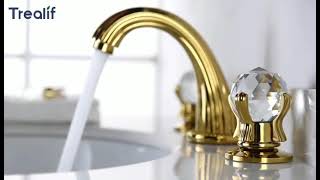 Trealif Gold Widespread Bathroom Sink Faucet,3 Hole Deck Mounted  2 Crystal Knobs handle Mixer Tap