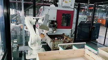 A Kawasaki RS080N robot machine tends a Behringer sawing machine.
