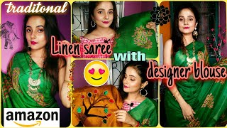 Amazon Linen saree honest review | Best Linen saree with designer blouse | Traditional linen saree