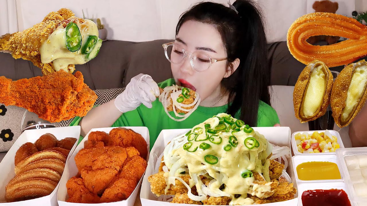 ✨네네치킨 신메뉴✨청양마요 매콤치즈스노윙 먹방(ft.치즈볼,츄러스) Chili Mayonnaise,Spicy Cheese Snow Wing Chicken ayam goreng