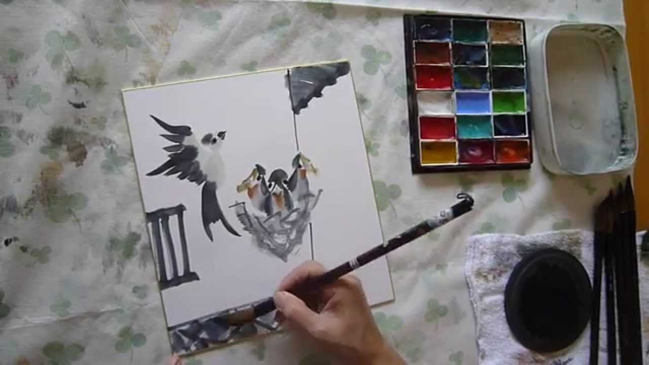 水墨画 Sumi E ツバメの子の描き方動画 Youtube