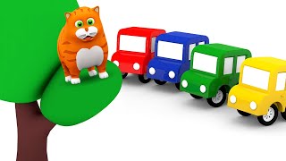 Os quatro carros coloridos salvam um gato! Desenho animado infantil. Desenhos animados em português