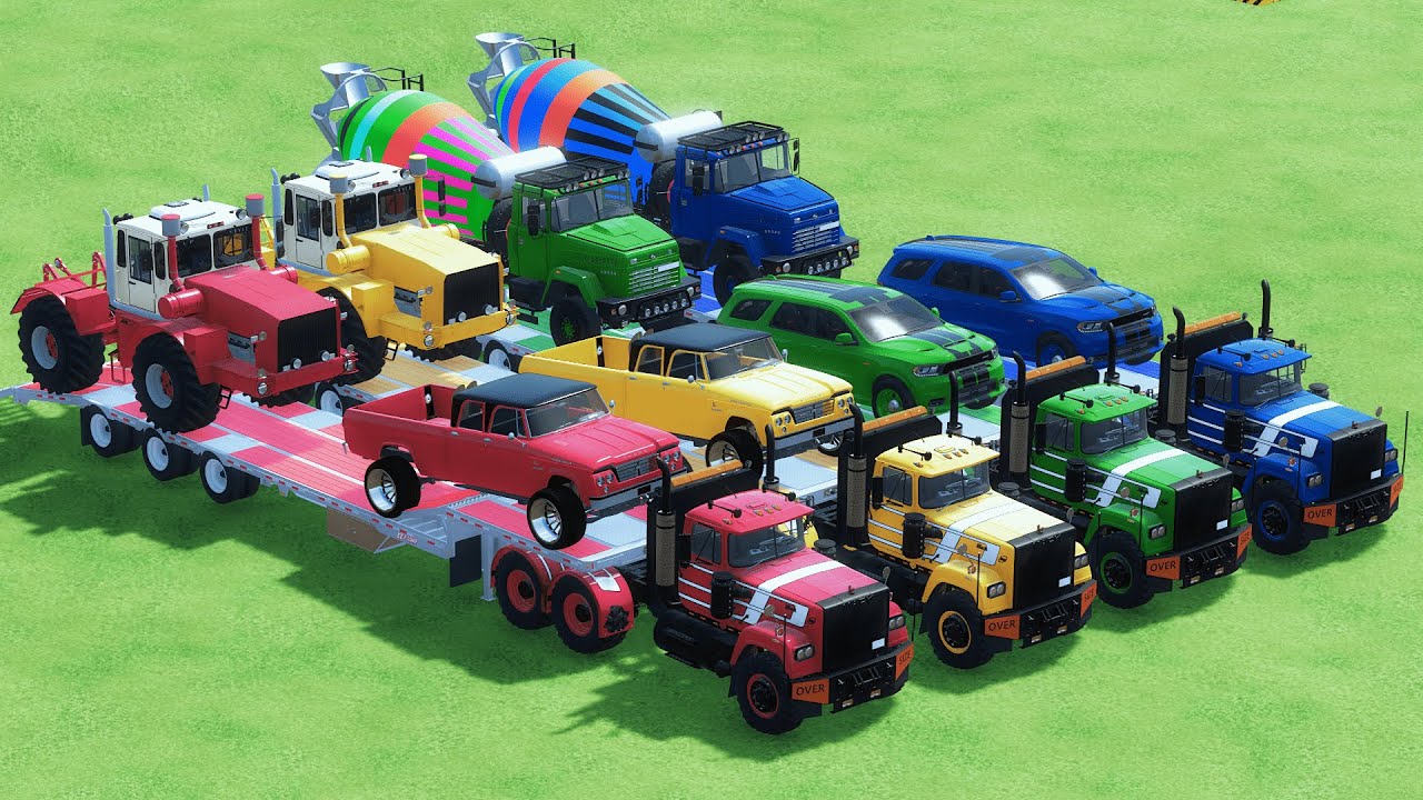 TRANSPORTING DODGE, MACK, KIROVET TRACTOR, MIXER TRUCK, COLORFUL CARS WITH TRUCK - FS22