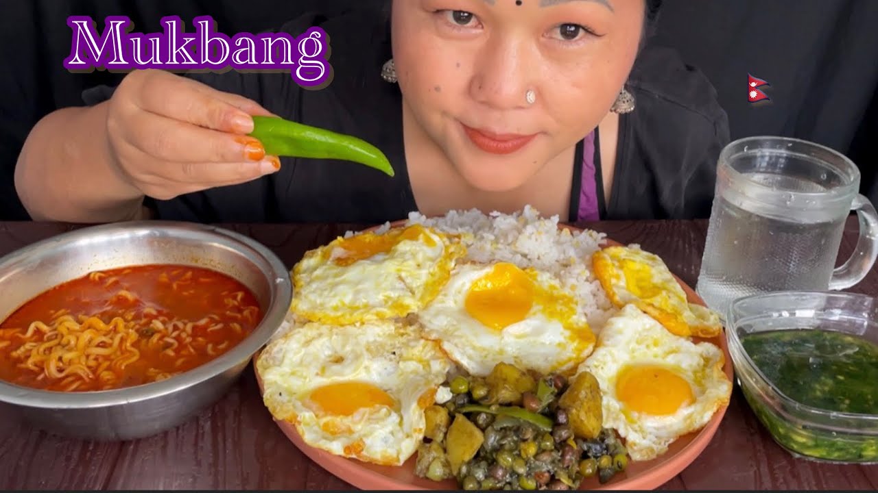 Eating Current 2x Spicy Noodles and Rice 🔥 Poached eggs | Sisno | Nepali Mukbang | Khushi Channel 