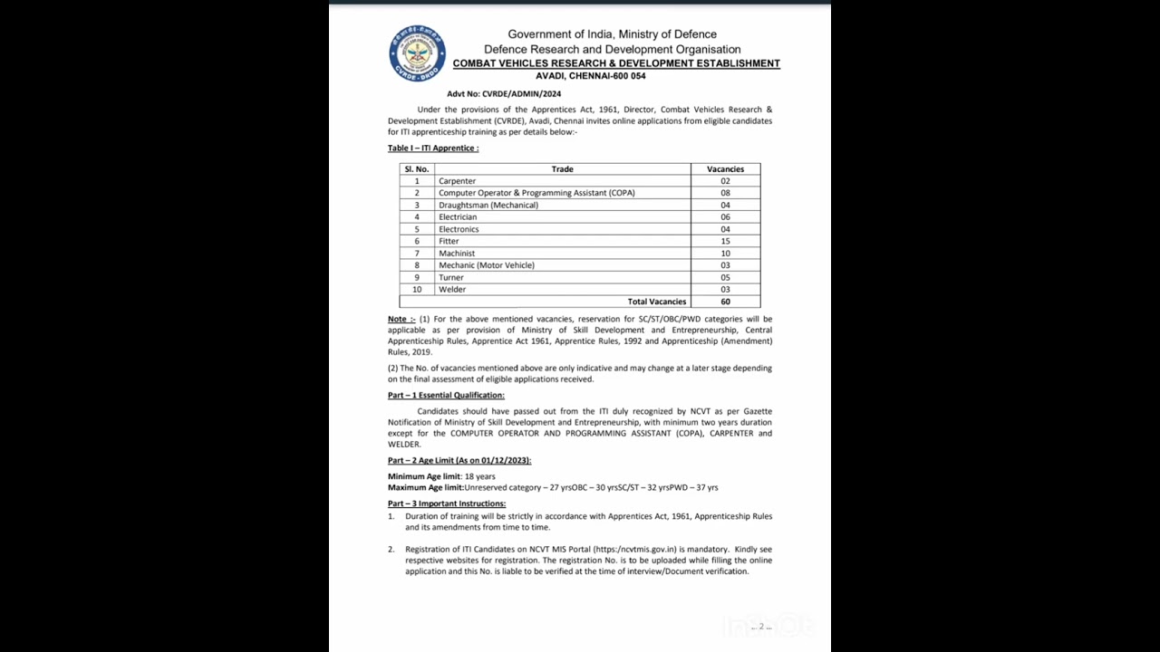 CVRDE AVADI APPRENTICES JOB VACANCIES 