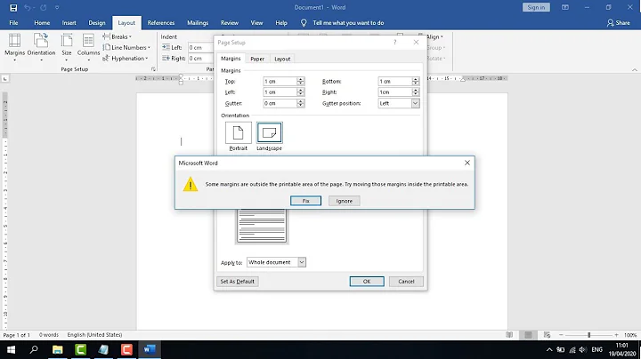 Memperbaiki Some margins are outside the printable area of the page pada Office Word 2019 Windows 10