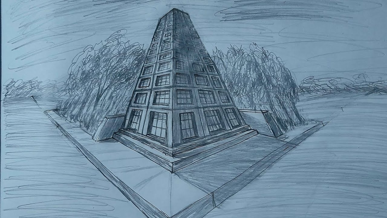 Dessin d'un bâtiment en perspective de 3 points vue en contre plongée