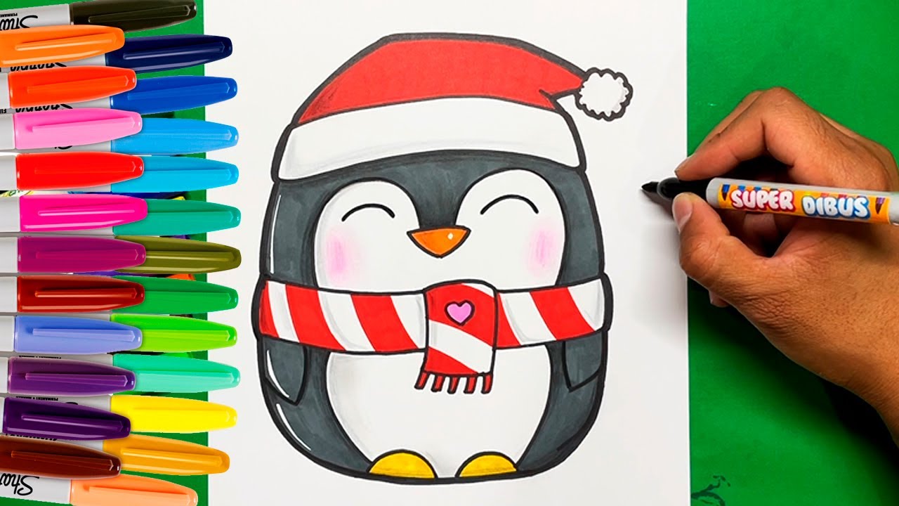 Lindo Dibujo De Pingüino Navideño