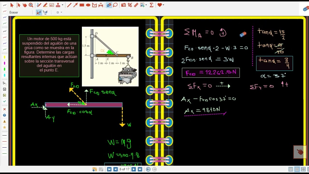 Un motor de 500 kg está suspendido del aguilón de una grúa como se muestra Det. las cargas result..