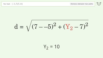 Find the distance between two points p1 (-5,7) and p2 (7,10): Step-by-Step Video Solution
