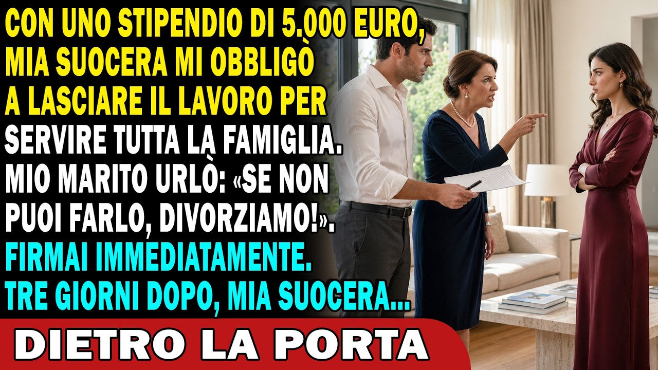 Erano le nove di sera quando entrai in casa e trovai tutti già seduti in salotto. Mia suocera aveva un foglio sul tavolo: era un modello di lettera di dimissioni già stampato. “Scrivila e lascia...