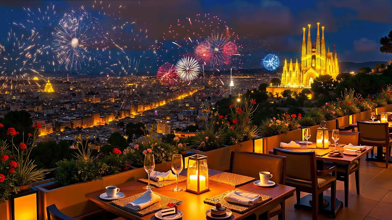 Romantic Jazz Night in Barcelona | Rooftop Café Ambience, City Lights & Fireworks