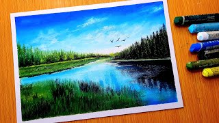 Oil Pastel Nature Drawing Tutorial for Beginners / Easy Oil Pastel Landscape Painting