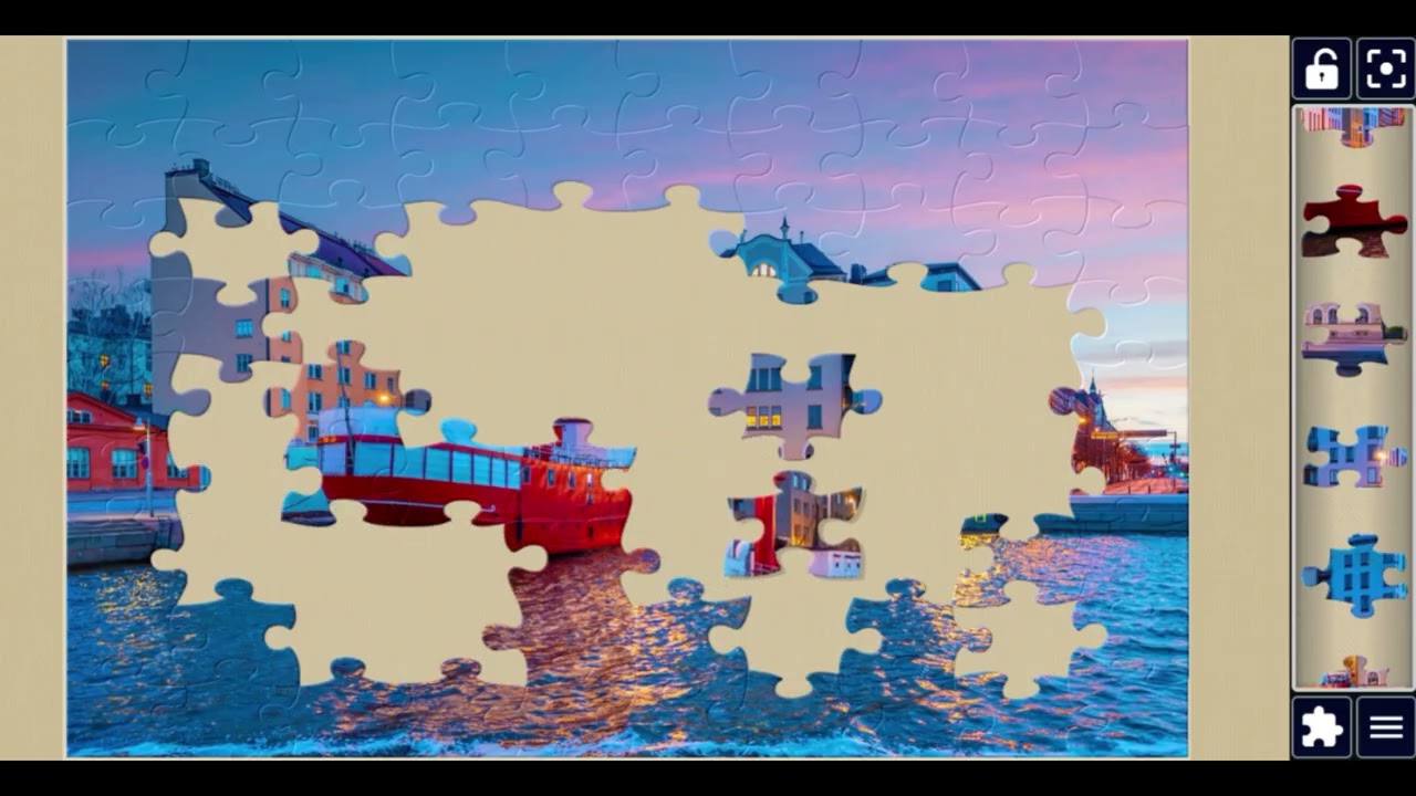 Red boat by the city quay😍//#beautiful gaming puzzle 🧩@jigsawworld1122