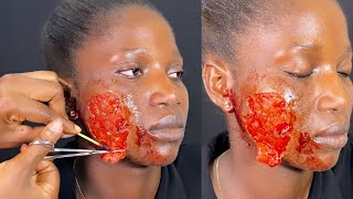 Fake Wound Using gelatin prosthetic on Dark Skin| Special Effect Makeup Tutorial| SFX Makeup