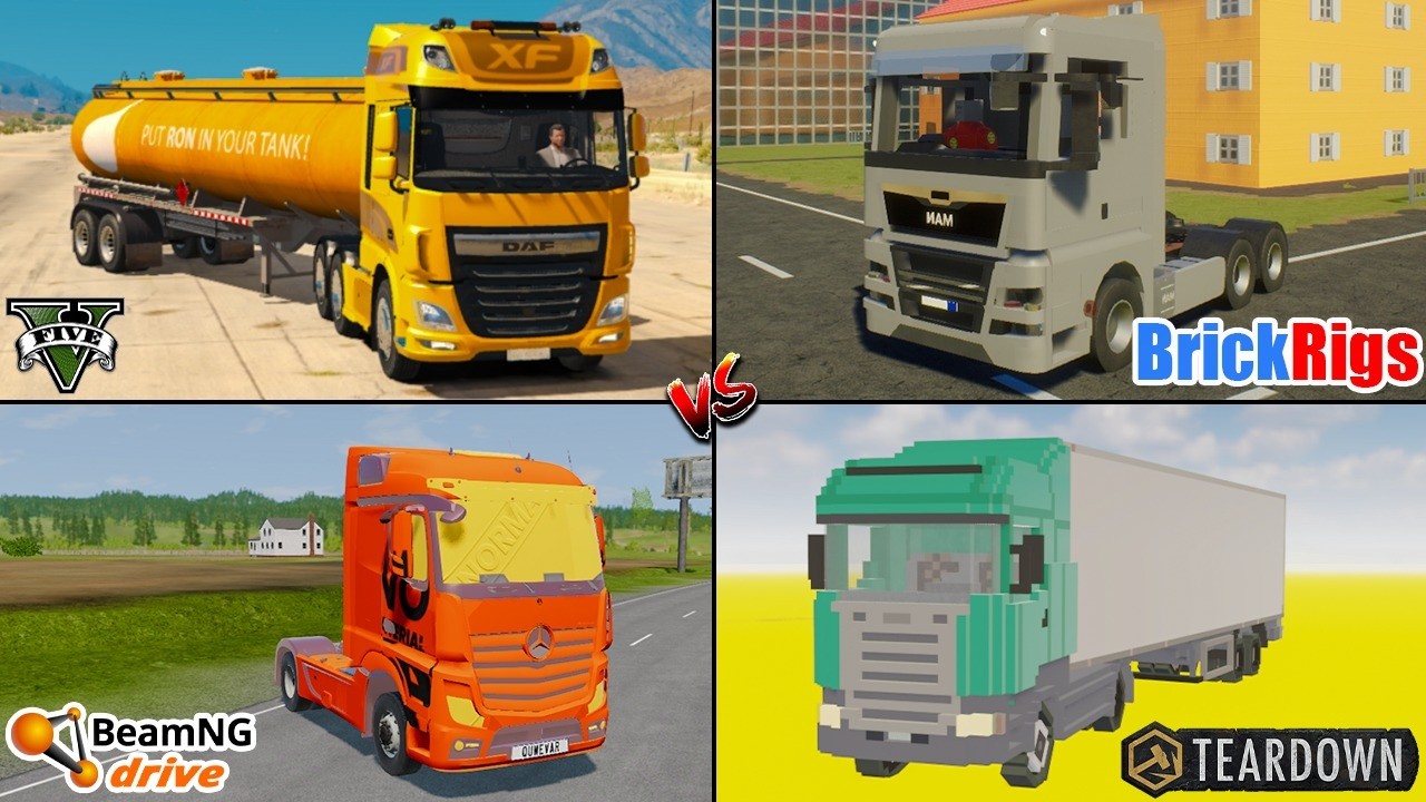 GTA 5 DAF Truck vs Teardown Truck vs BeamNG Actros Truck vs Brick Rigs Man Truck - Which is Best ?
