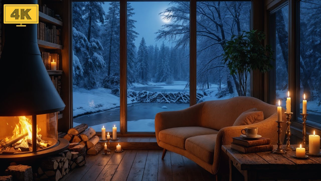Cozy Forest Hut Night ❄️ Violin Music & Crackling Fireplace Sounds for Study & Relaxing
