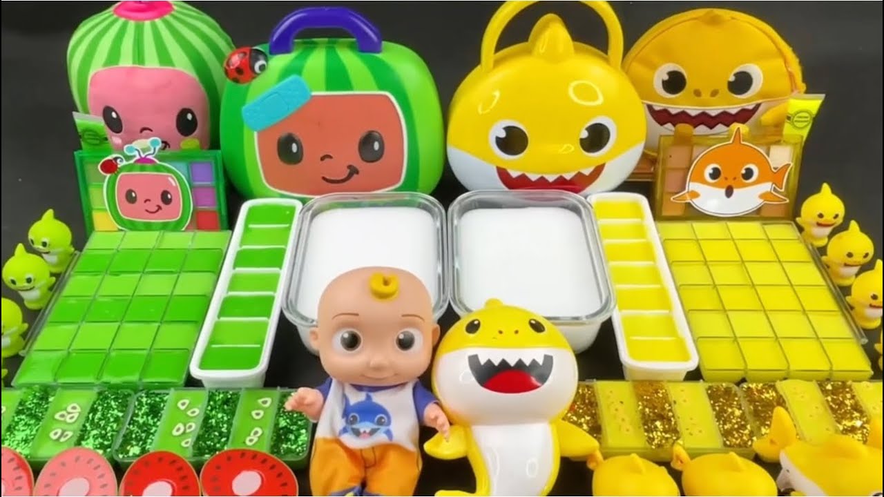 Oddly Satisfying Slime & Cute Toy Collection 🦈🍉 Green Yellow Color Sorting ASMR Stress Relief