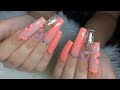 Coral nails w/ gold butterflies & 3D flowers | Announcing Giveaway Winner | Acrylic Nails Tutorial