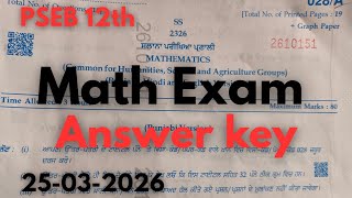 PSEB class 12th maths 2026 answer key