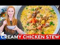 The Best Creamy Chicken Stew with bacon, white wine, & parmesan!
