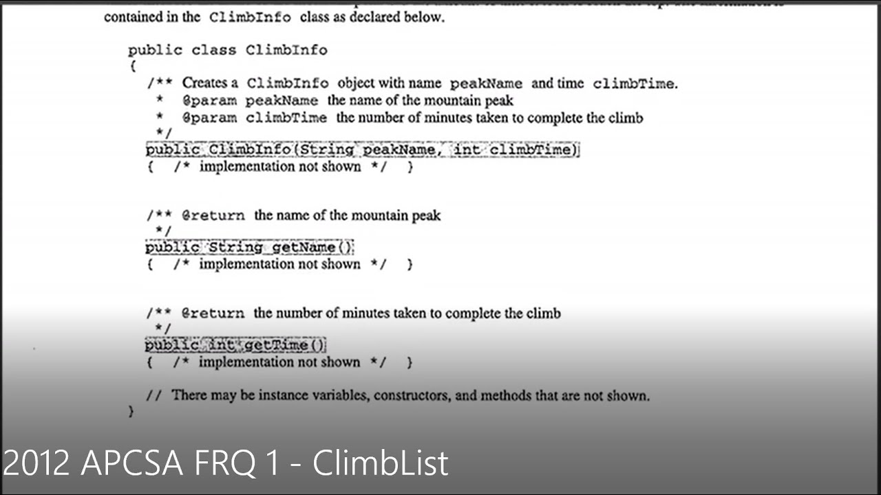 JAVA - Lesson #95 - APCSA - 2012 Free Response Question #1 - ClimbList ...