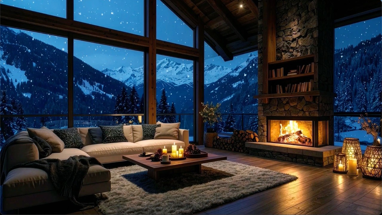 Warm Crackling Fireplace 🔥 Snowfall Cabin Views + Relaxing Piano Jazz for Cozy Evening Background