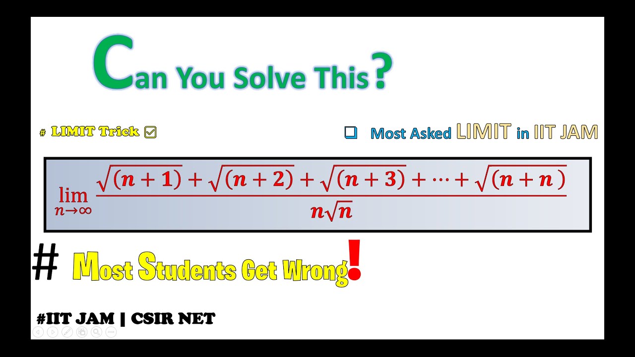 Limit Problem | 🔥 Evaluate lim (√(n+1)+…+√(n+n)) / (n√n) as n→∞ | IIT JAM, CSIR NET, GATE||Ksb Maths