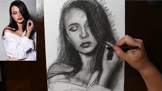 charcoal portrait sketch female pose study from reference photo