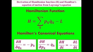 Derivation of Hamiltonian Function (H) and Hamilton's Canonical Equations from Lagrange's Equation