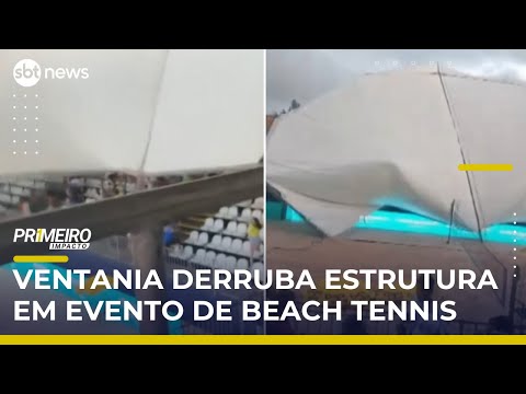 Video ventania-derruba-arquibancada-em-torneio-de-beach-tennis-e-deixa-feridos-em-sp-primeiro-impacto