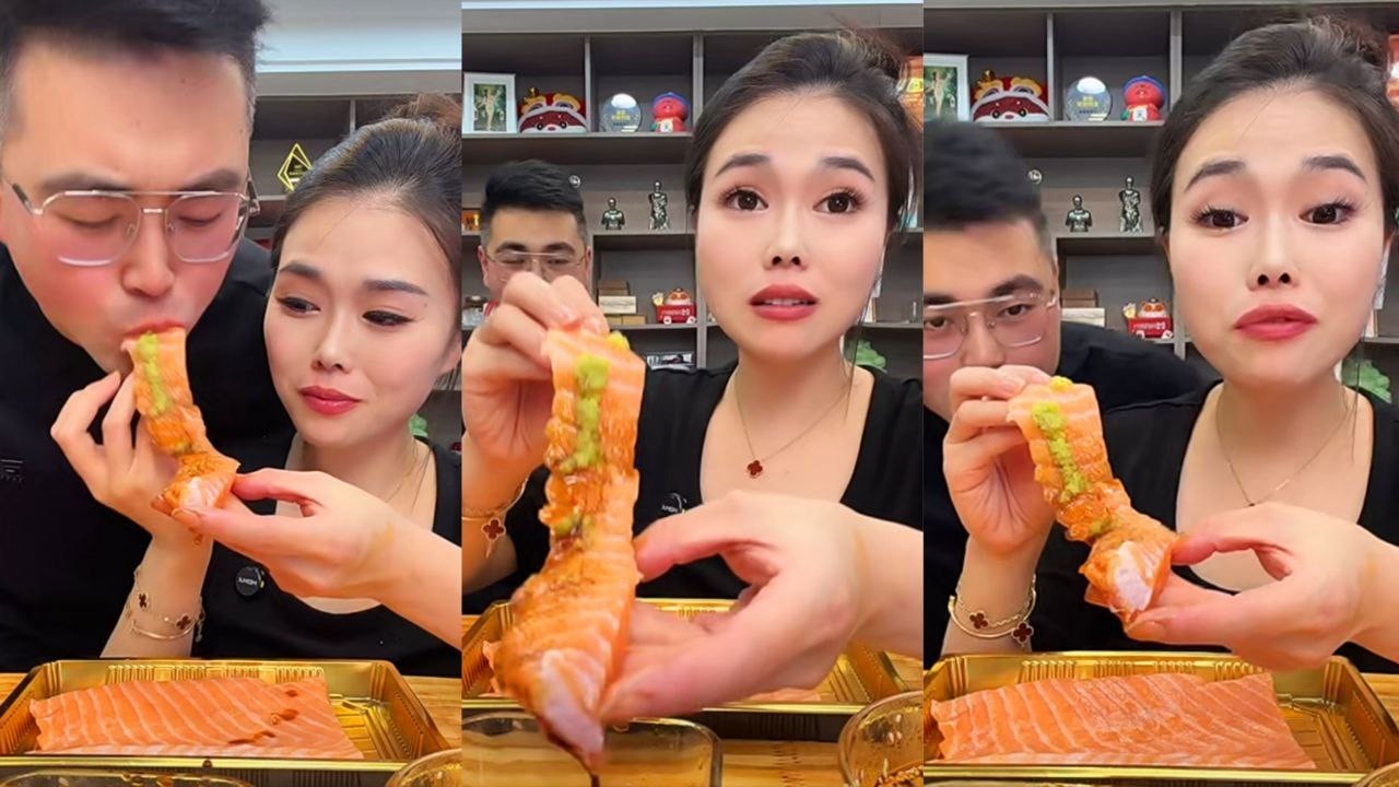 ASMR Salmon Sashimi With Spicy Wasabi Mukbang | Huge Salmon Noodle Eating Show