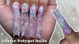 Glitter Polygel Nails✨ Extra Long Nails & 3D Nail Art | Easy Polygel Application | Nail Tutorial