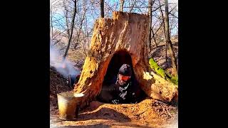 Build a Shelter under a tree, stay safe and warm by the fireplace. Survival camping.