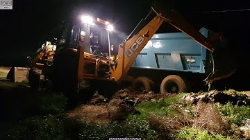 Tata 2518 Tipper, Dumper Truck Stuck In Mud Rescue By Jcb Machine At Night.