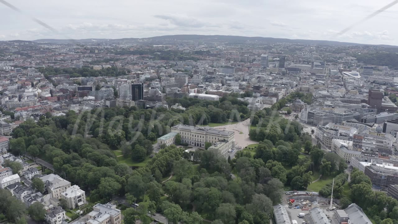 D-Log. Oslo, Norway. Royal Palace. Slottsplassen. Palace park, Aerial View, Point of interest
