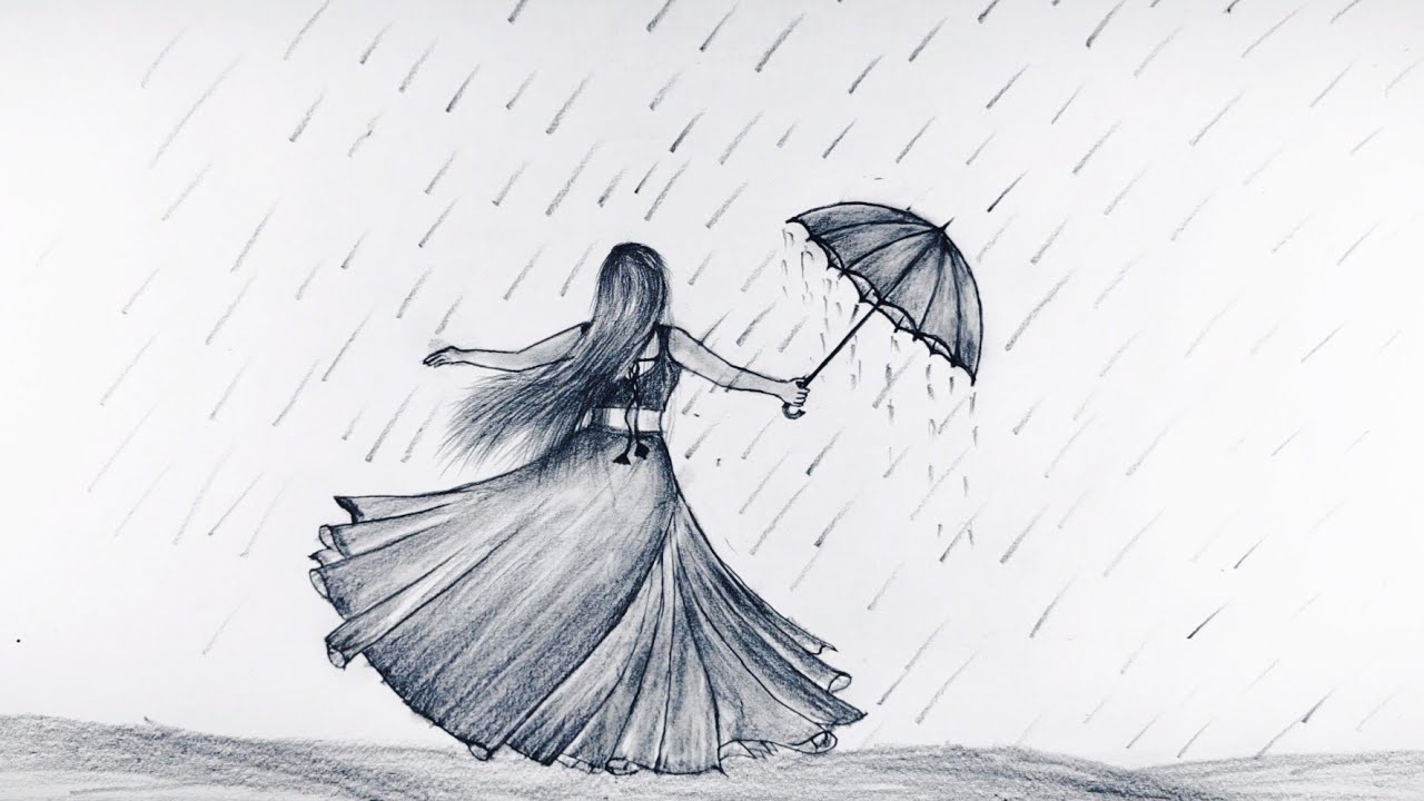 Mi_Art on X: Draw a girl with an umbrella, A rainy day pencil sketch