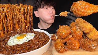 SUB)Корейская еда jjawang (лапша с черной фасолью) и курица в остром соусе мукбанг asmr