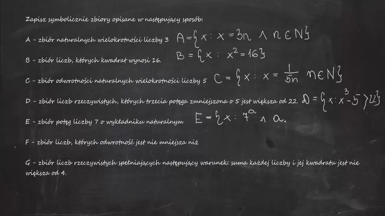 A - zbiór naturalnych wielokrotności liczby 3, B - zbiór liczb, których