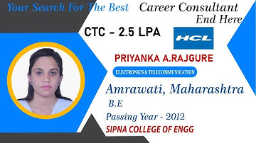 Congrats, Priyanka | Selected in HCL | 2.5 LPA |ELECTRONICS ENGINEER, PoY 2012|Amravati, Maharashtra